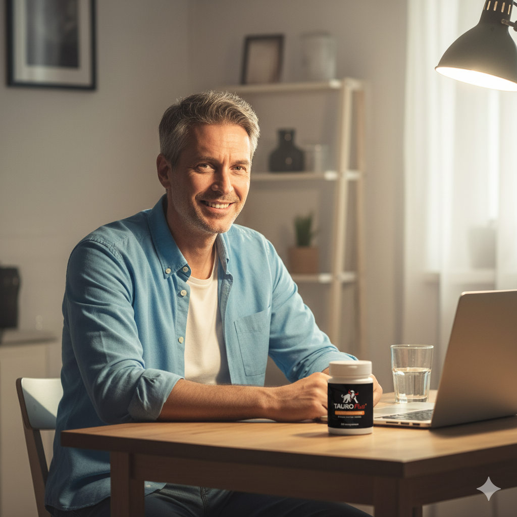 Uomo energico e sorridente con il prodotto Tauro Plus